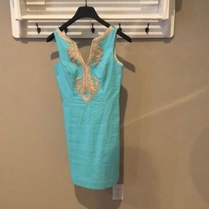 Lilly Pulitzer aqua sheath dress with gold trim